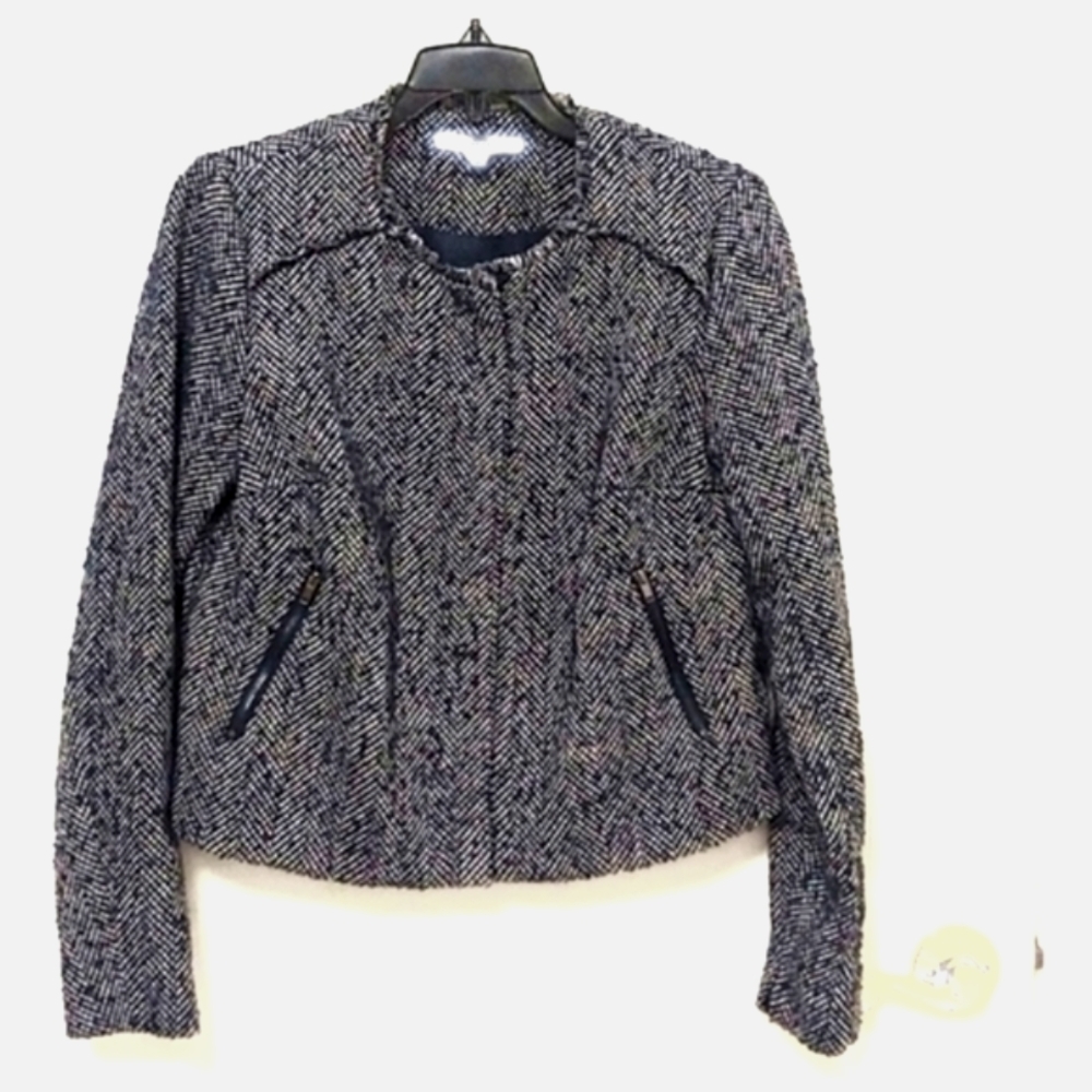 Apt 9 Navy & White Fringe Trim Full Zip Herringbone Tweed Jacket. Size S